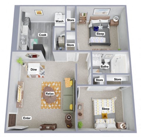 Floor plan for 2 beds, 1 bath, 900 sqft